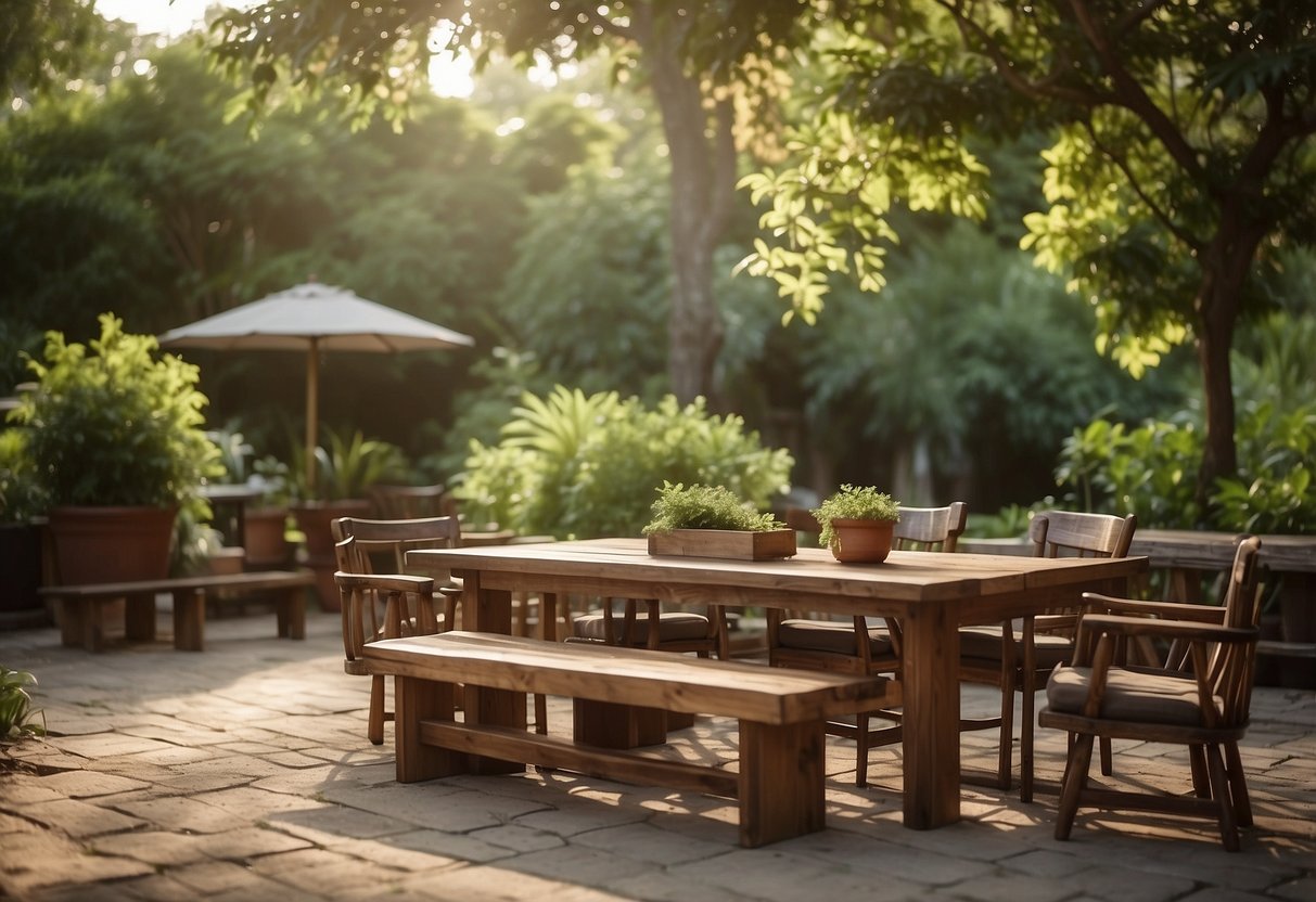 A serene outdoor setting with a rustic ironwood furniture set, surrounded by lush greenery and dappled sunlight