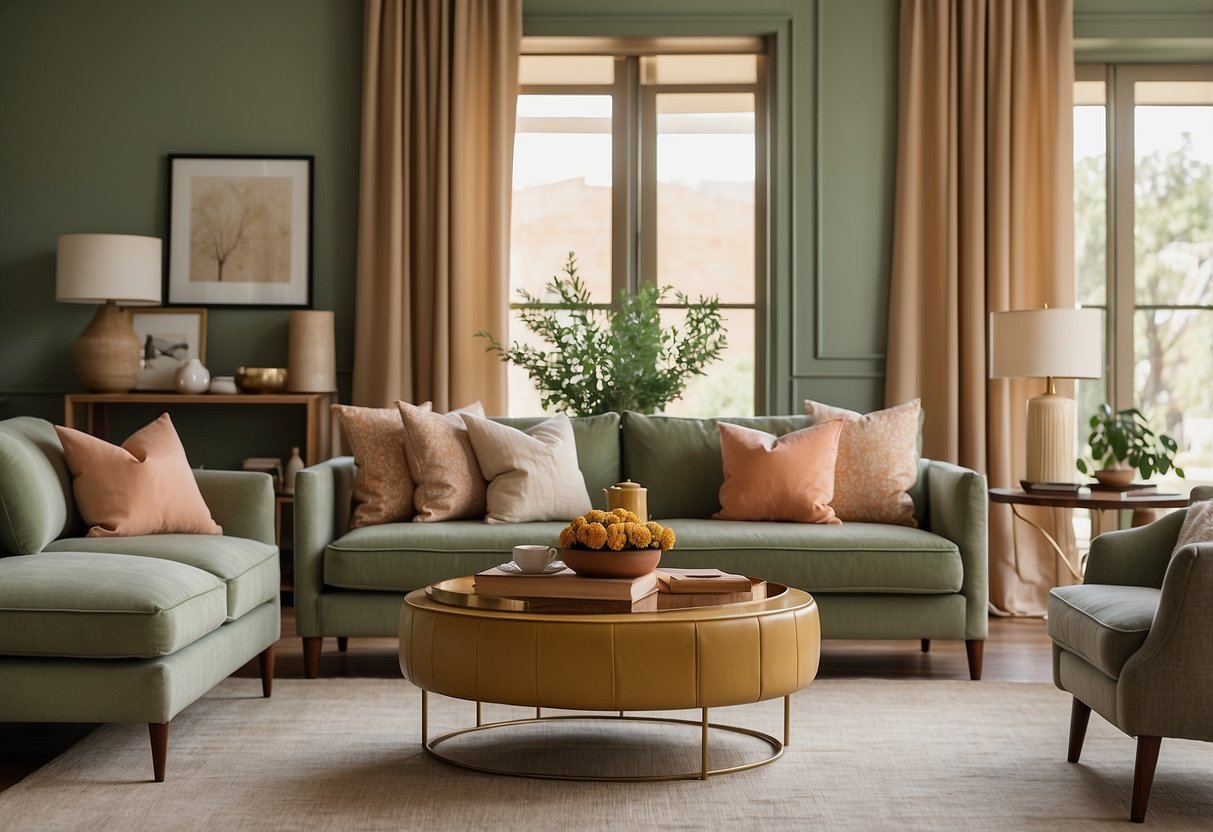 A cozy living room with sage green furniture, accented with earthy tones like beige, brown, and cream. A pop of color with mustard yellow and muted coral accents