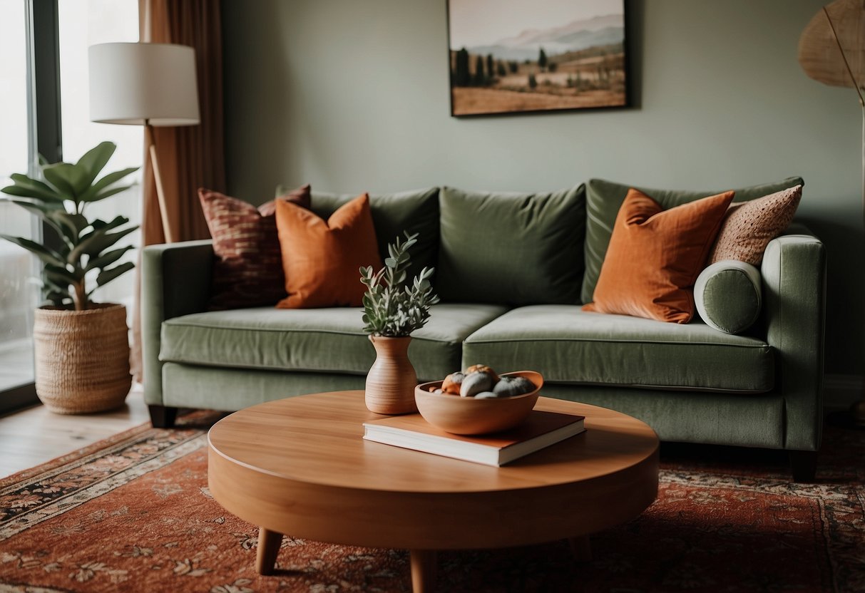 A cozy living room with sage green furniture, accented with warm tones like burnt orange and deep burgundy. A cream-colored rug and throw pillows complete the complementary color scheme