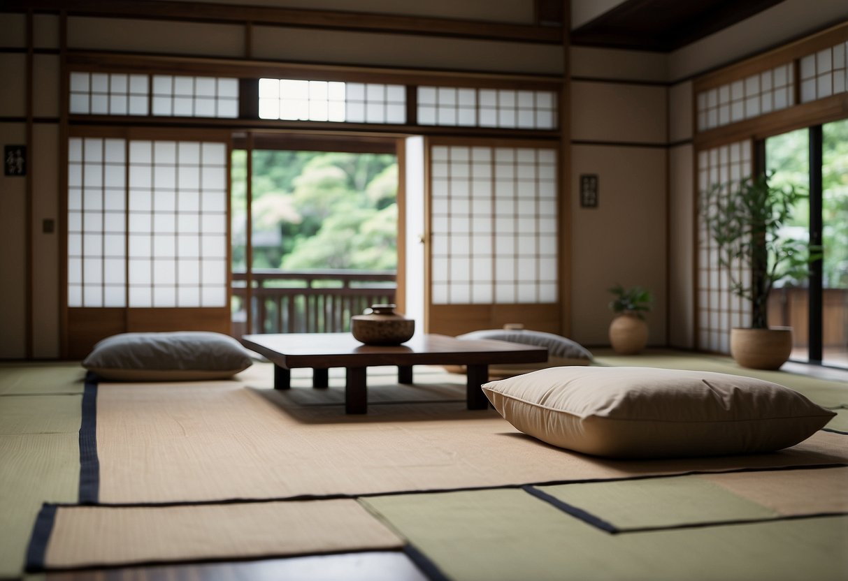 A low wooden table surrounded by floor cushions in a traditional Japanese tatami room. Sliding paper doors and a minimalistic decor complete the scene