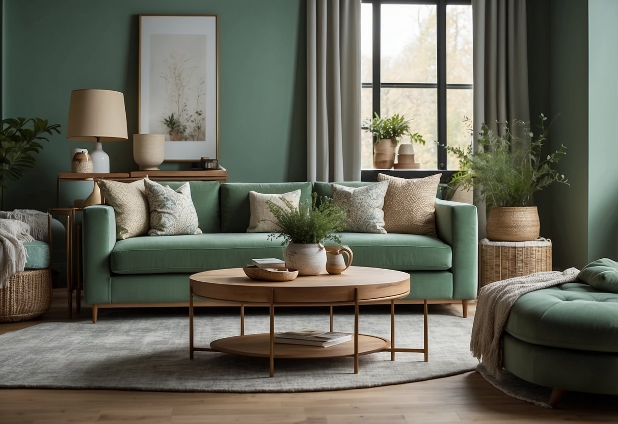 A room with sage green furniture and coordinating decor, like throw pillows and a rug, creating a cohesive and calming aesthetic