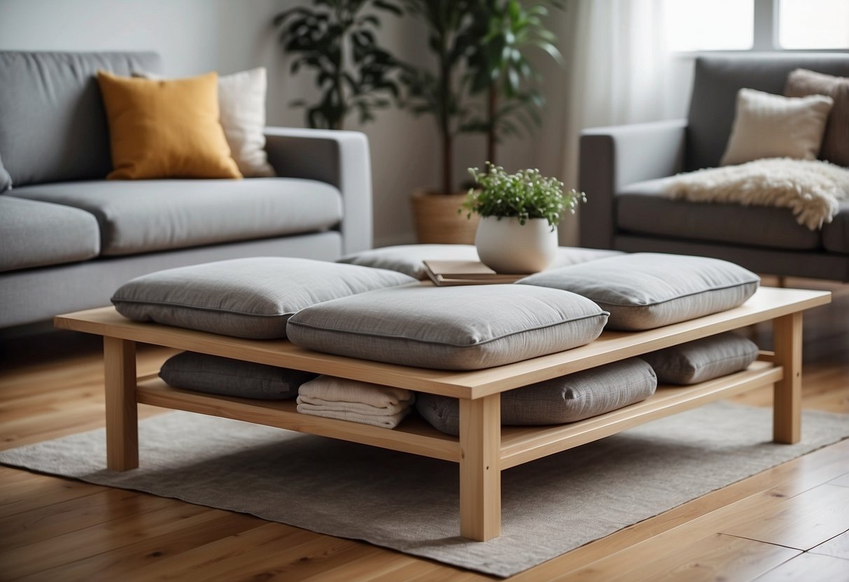 A low wooden table surrounded by floor cushions, with clean lines and minimalistic design. Materials include natural wood and neutral-colored fabric