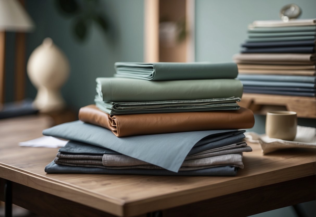 Sage green furniture surrounded by swatches of complementary colors: soft blues, earthy browns, and muted grays. A stack of FAQ papers sits nearby