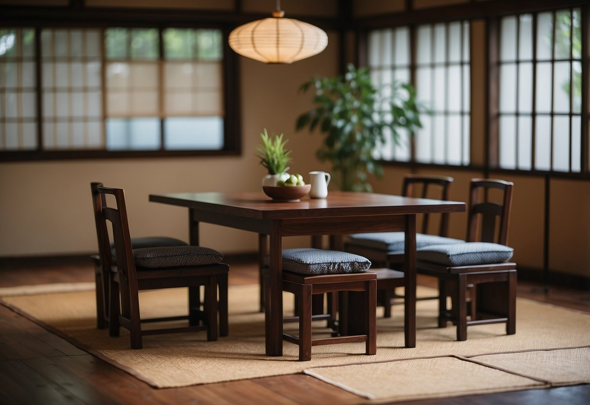 Japanese seating furniture includes low wooden chairs and floor cushions for traditional dining and relaxation. A low table completes the setting