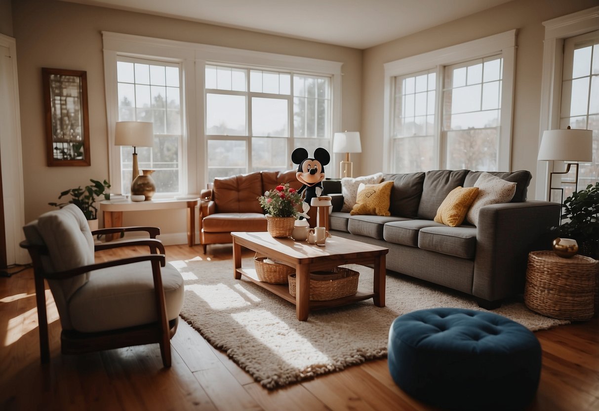 A cozy living room with a Mickey Mouse-themed furniture set, including a sofa, coffee table, and armchair