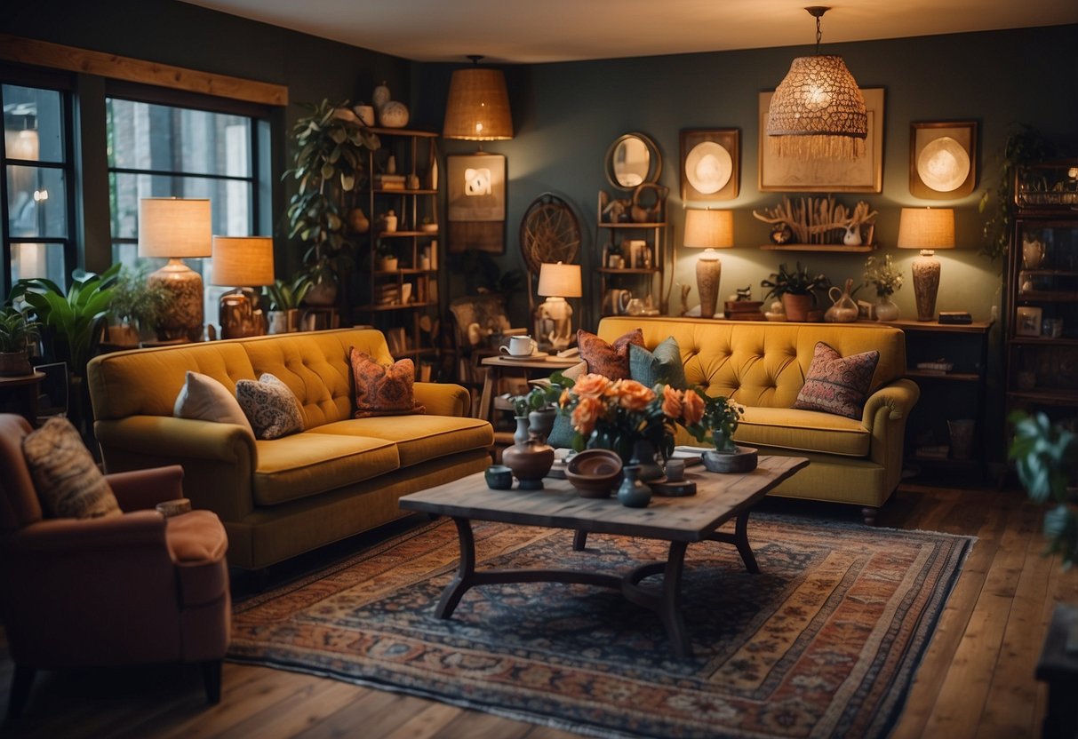 A cozy, eclectic furniture store filled with handcrafted pieces and vintage finds. Brightly colored rugs and unique lighting fixtures add to the inviting atmosphere