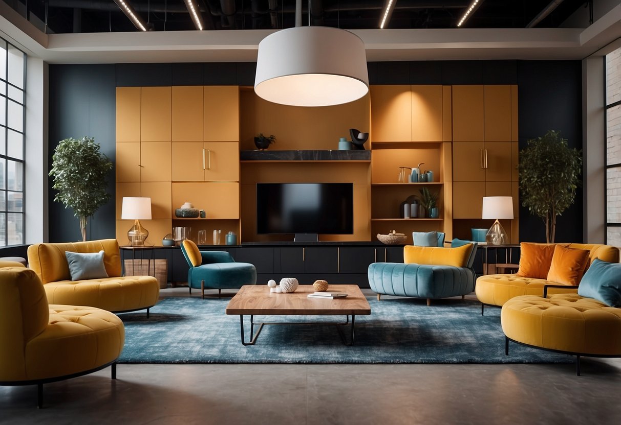 A spacious showroom filled with modern Mickey Furniture designs, featuring sleek lines and vibrant colors