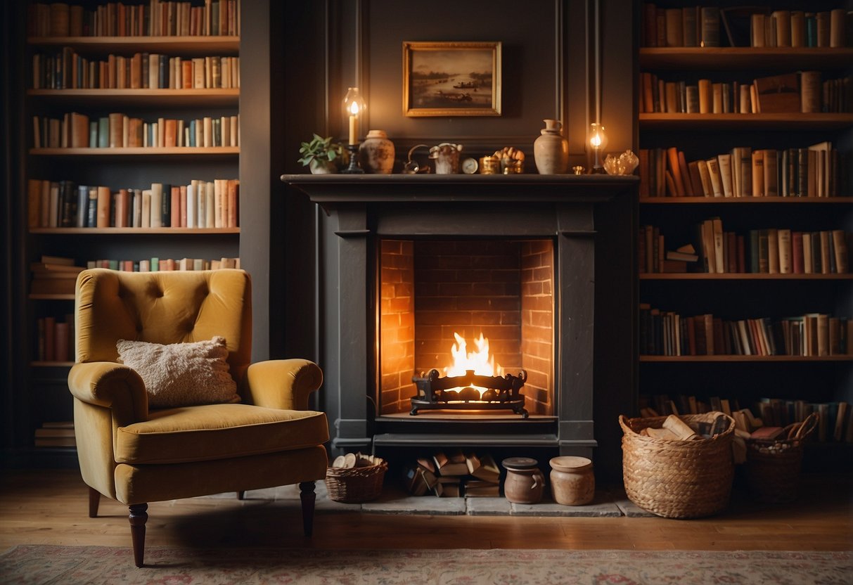 A well-worn armchair sits by a cozy fireplace, surrounded by shelves filled with books and a warm, inviting atmosphere