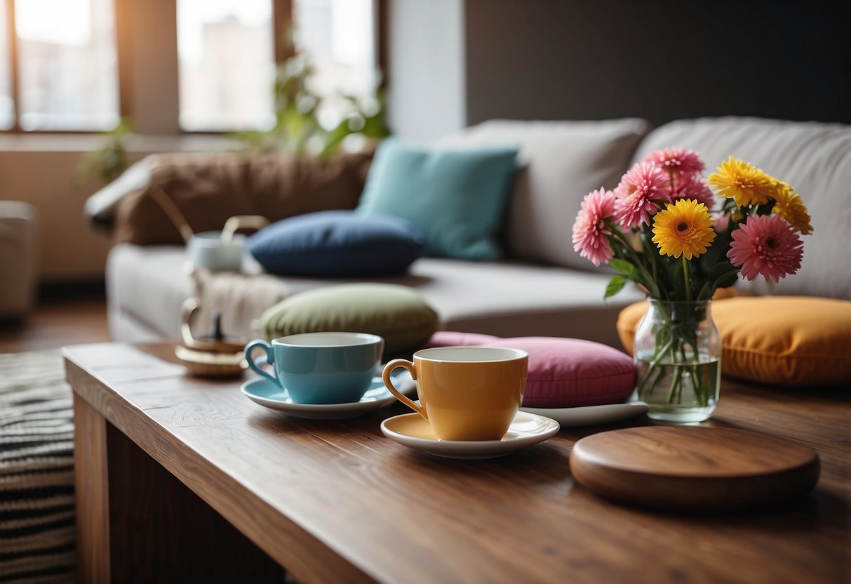 A low wooden table surrounded by floor cushions, with a stack of colorful cushions in the corner. A small tea set and a vase of flowers on the table