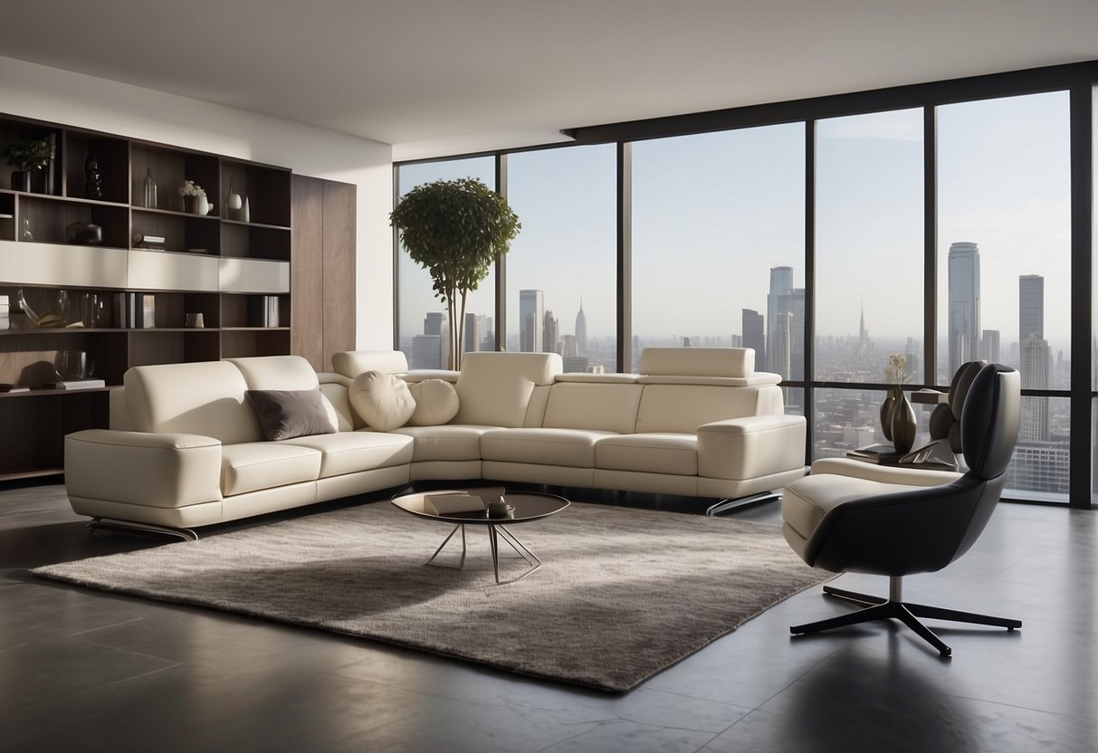 A room with modern, space-saving furniture from Mickey Furniture. Clean lines, neutral colors, and multi-functional pieces. Efficient use of space and sleek design