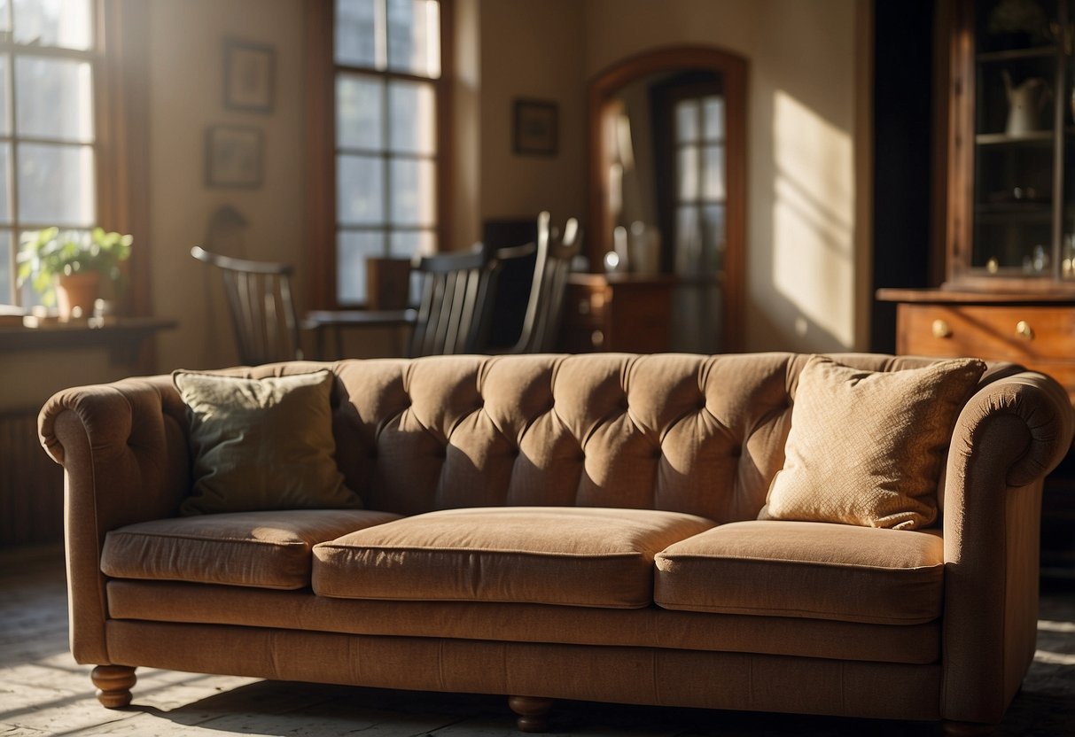 A well-worn sofa sits in a sunlit room, surrounded by other aging furniture. The wear and tear on the pieces indicate their useful life and depreciation