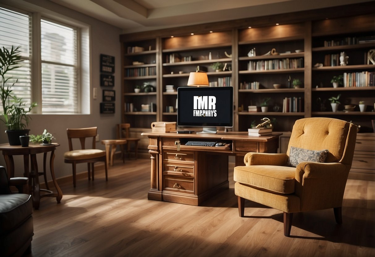 A room with a desk, chair, and shelves. A sign reads "Frequently Asked Questions" above a mickey-shaped furniture set
