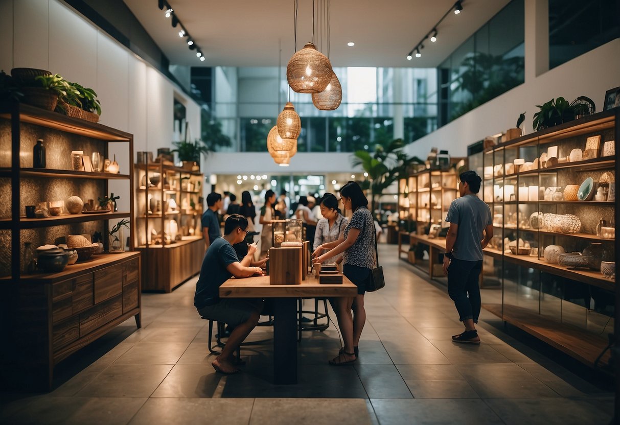 Customers browsing through eclectic furniture displays in Singapore's unique stores