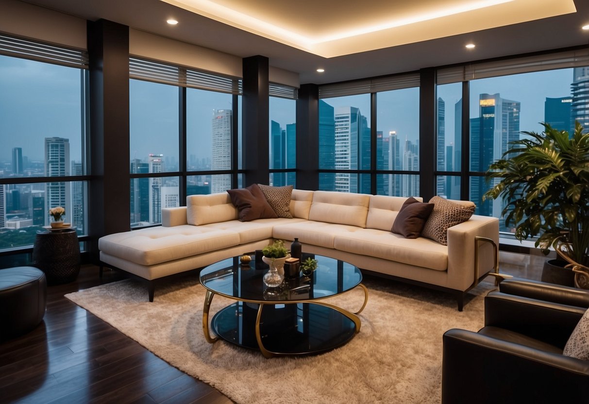 A modern living room in Singapore with sleek furniture and vibrant decor