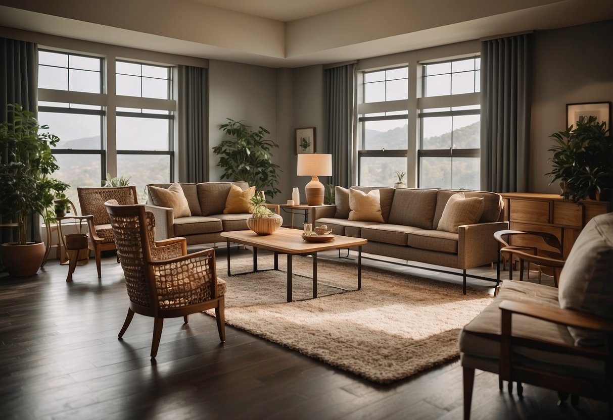 A room with various furniture items, like chairs, tables, and sofas, arranged neatly. A sign with "Frequently Asked Questions" about furniture lifespan is displayed prominently
