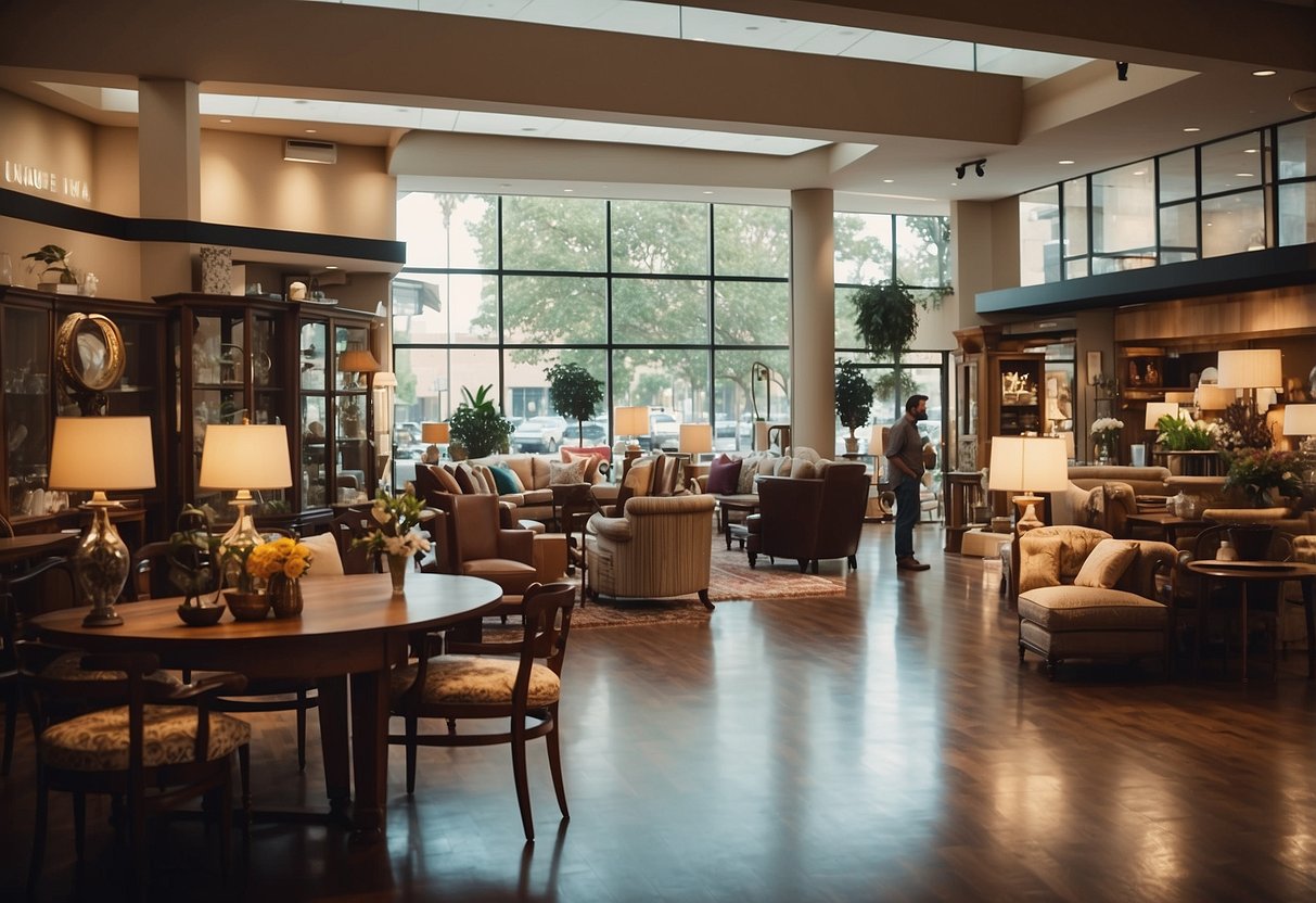 A bustling furniture store with colorful displays and a sign reading "Frequently Asked Questions unique furniture stores" above the entrance. Customers browsing and staff assisting