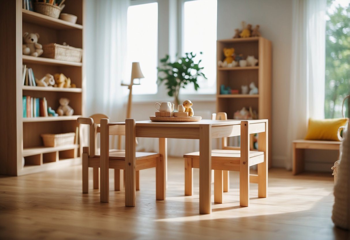 A cozy Montessori infant room with low shelves, a small table and chairs, and soft, natural materials for exploration and play
