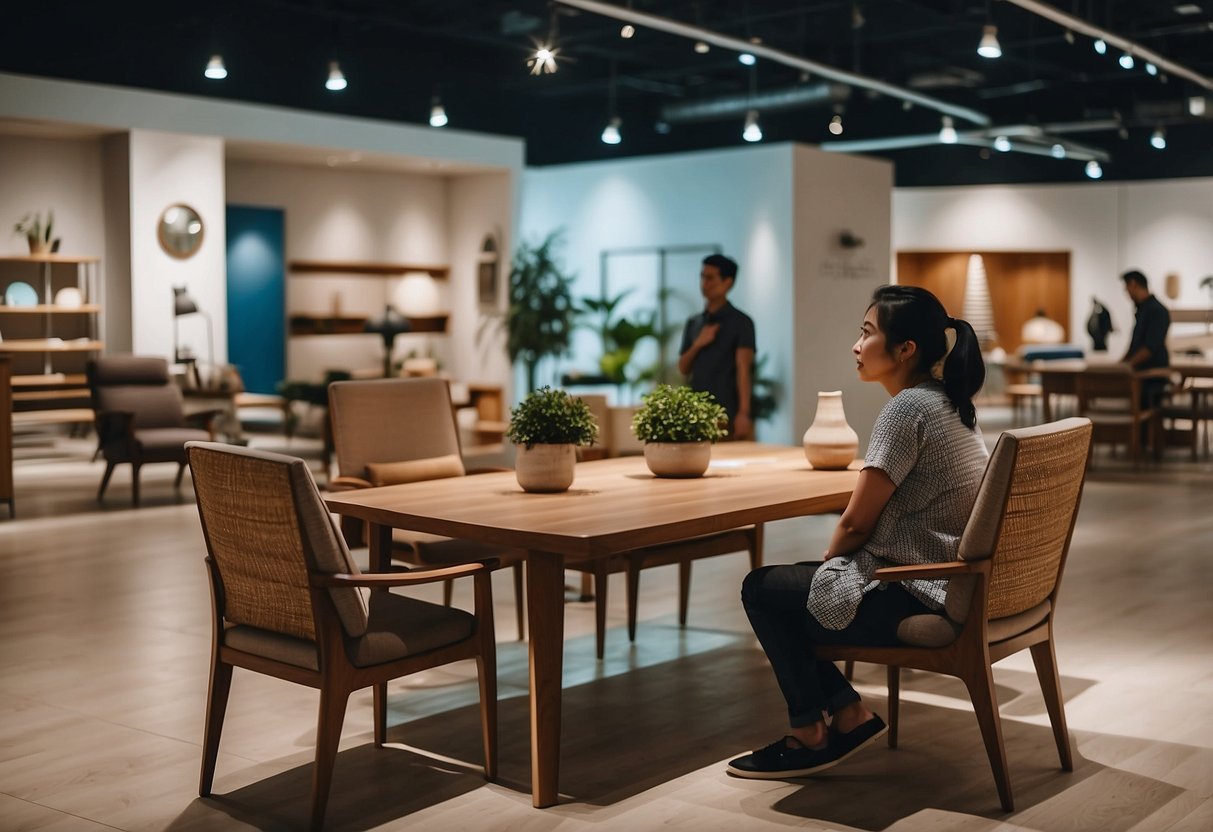 A person browsing through various furniture options in a Singapore showroom
