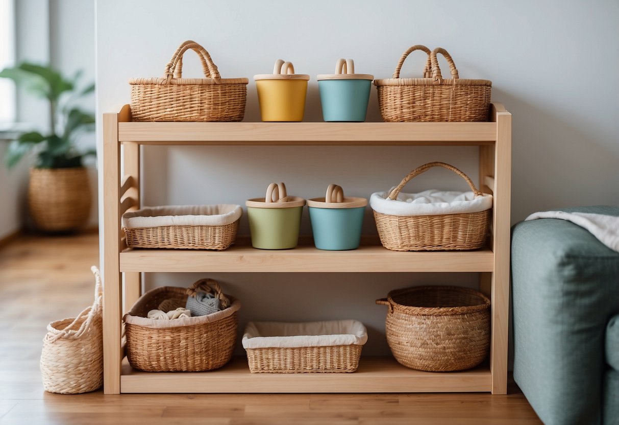 A low, wooden shelf with neatly arranged baskets and trays of Montessori infant materials. A soft, cozy floor mat and a low, sturdy table with simple objects for exploration