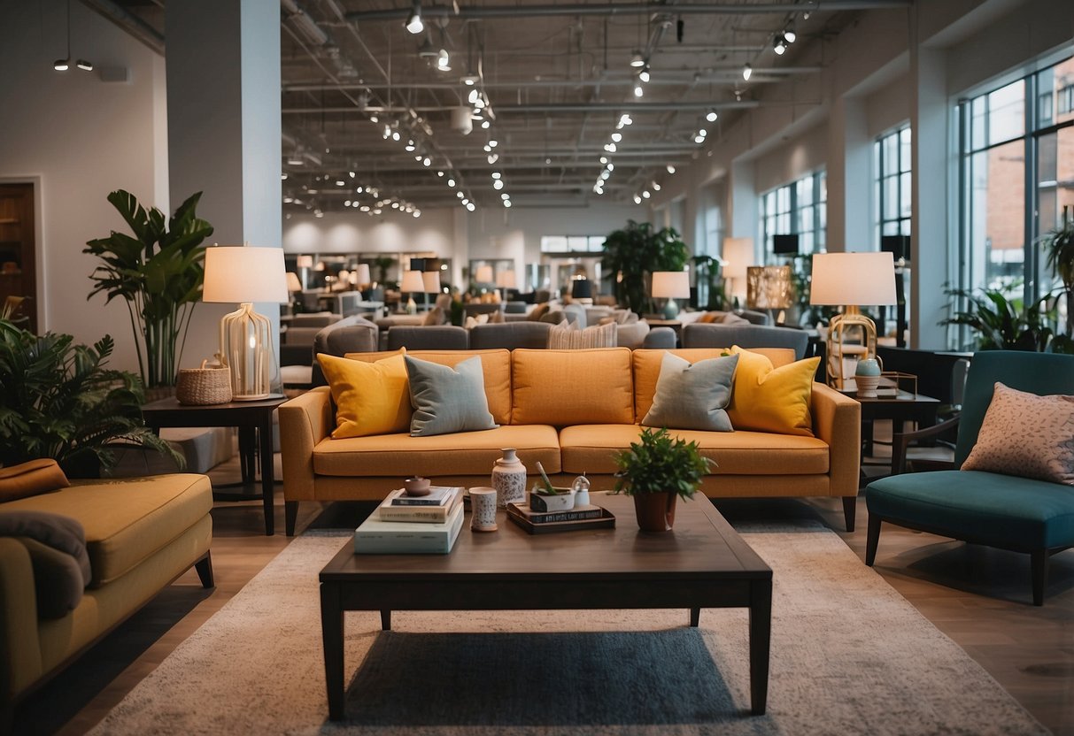 A bustling furniture showroom with bright displays and discounted price tags, attracting eager shoppers