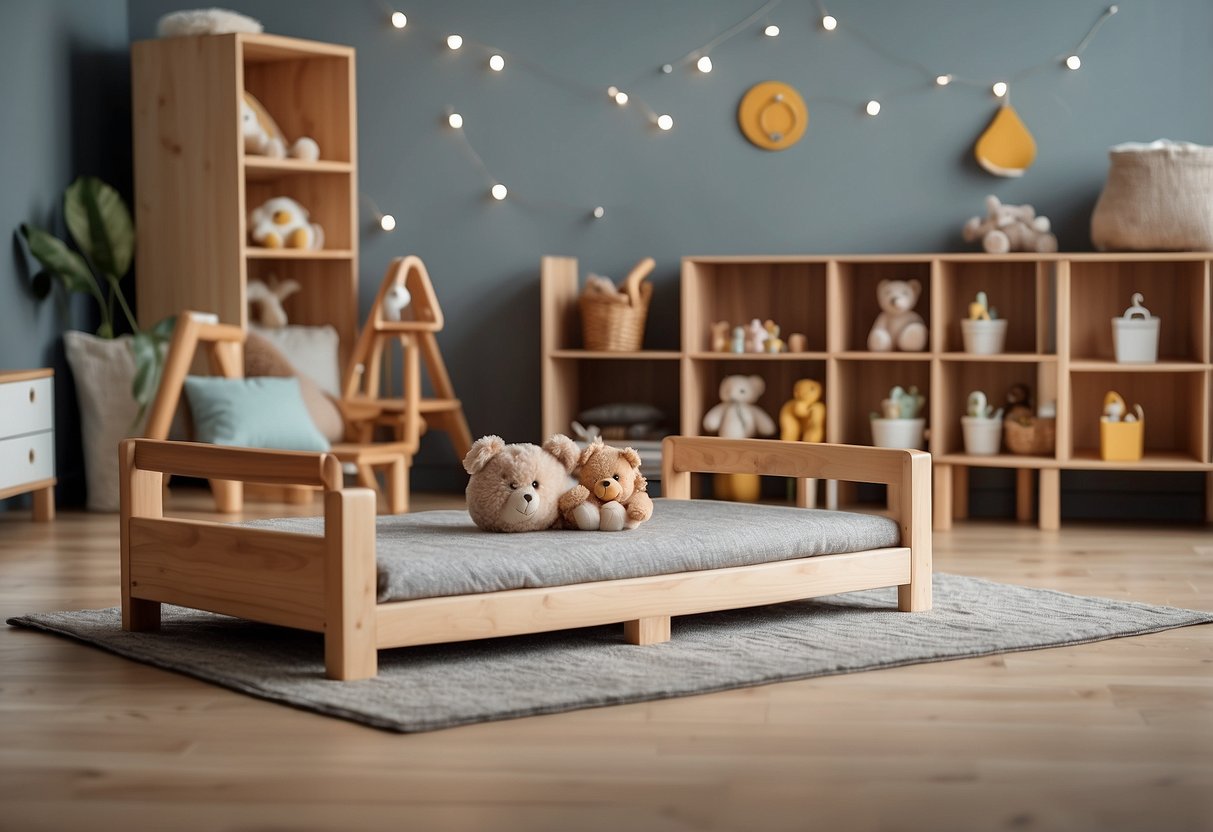 A low shelf with open compartments holds natural wood Montessori infant furniture. A soft rug covers the floor, and a mirror is mounted at baby's eye level