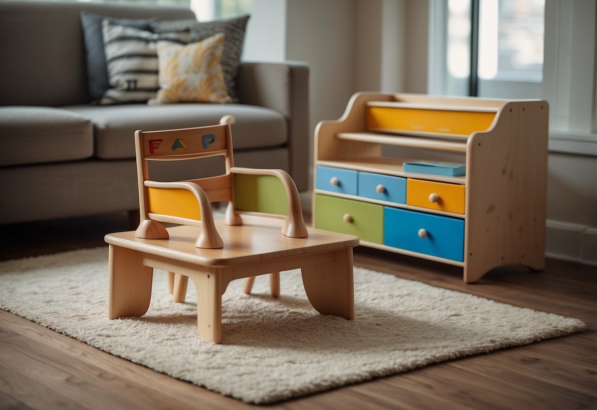 A Montessori infant furniture set displayed with a FAQ sign nearby