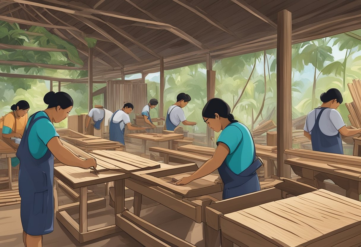 A bustling workshop at Kampong Ampat Furniture, with workers sanding, sawing, and assembling wooden furniture pieces. The air is filled with the sounds of machinery and the scent of freshly cut wood