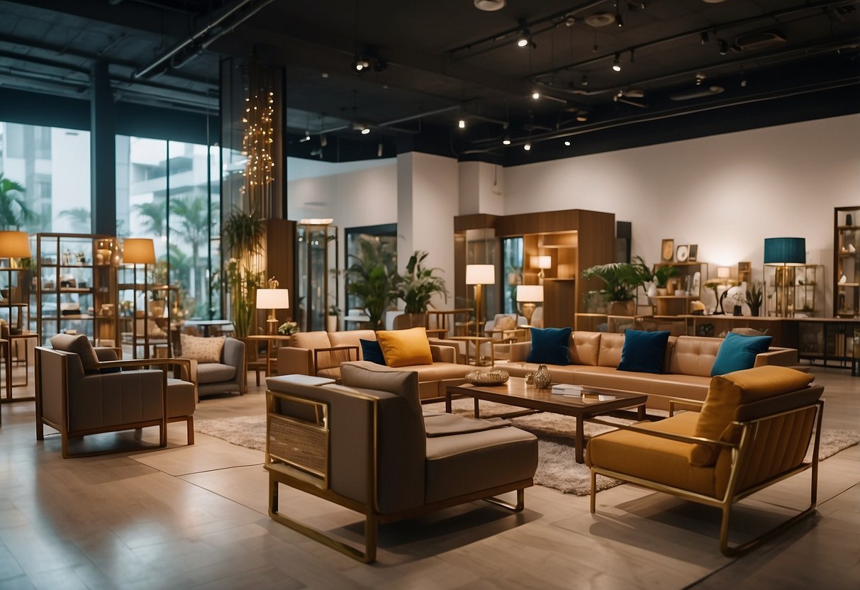 A spacious furniture shop in Jurong West, filled with modern and traditional pieces. Bright lighting highlights the carefully arranged displays
