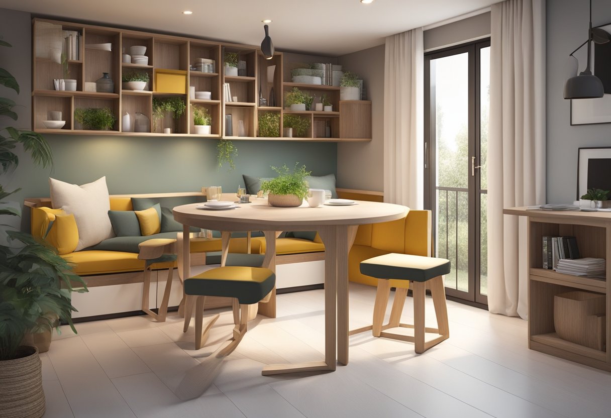 A compact dining table with foldable chairs in a cozy nook, surrounded by clever storage solutions and multi-functional furniture