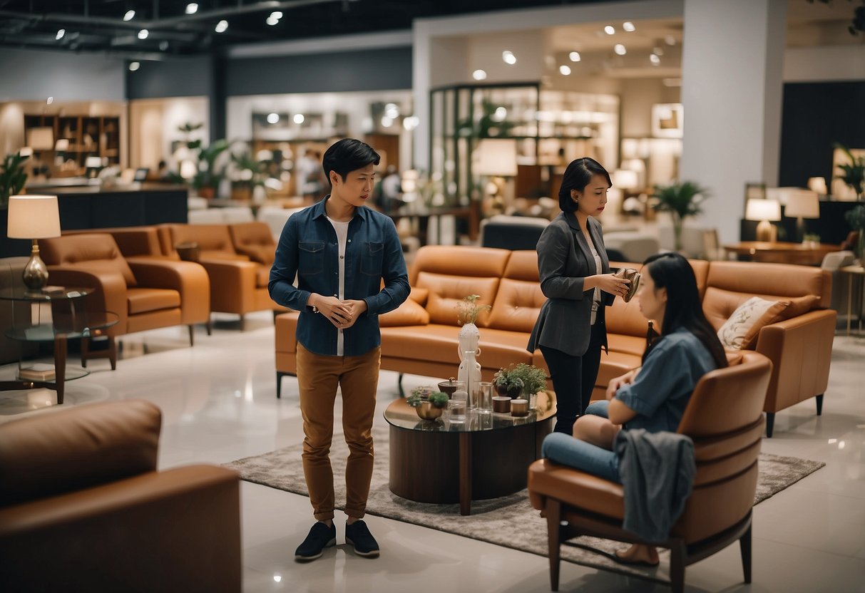 Customers browsing through a variety of furniture displays in a spacious and well-lit showroom at a furniture shop in Jurong West