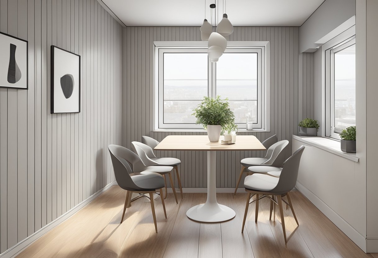 A small room with a compact dining table and chairs, cleverly arranged to maximize space. The table is simple and functional, with clean lines and a neutral color palette