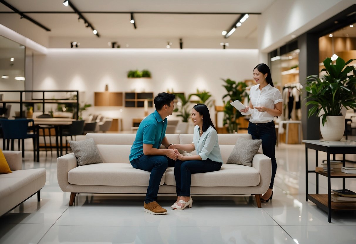 Customers browse modern furniture displays in a spacious Jurong West shop. A friendly salesperson assists a couple in choosing a new sofa