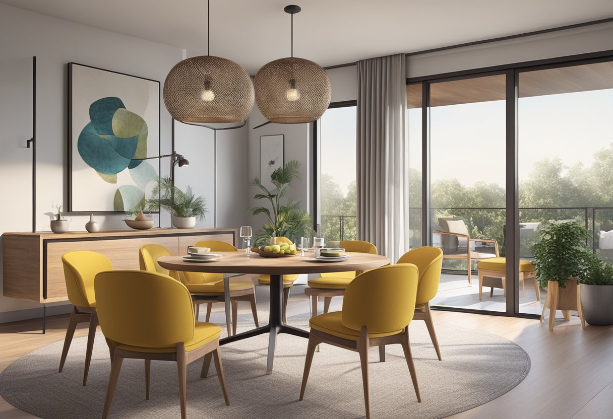 A small dining area with a round table surrounded by a mix of chairs and stools, cleverly maximizing seating in a limited space