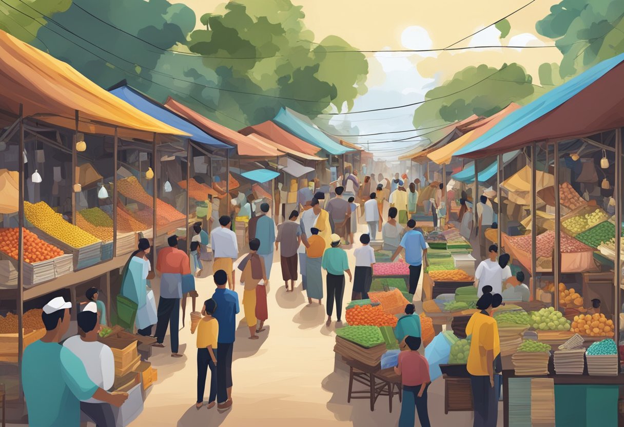 A bustling furniture market with colorful displays, busy shoppers, and vendors showcasing their products in Kampong Ampat