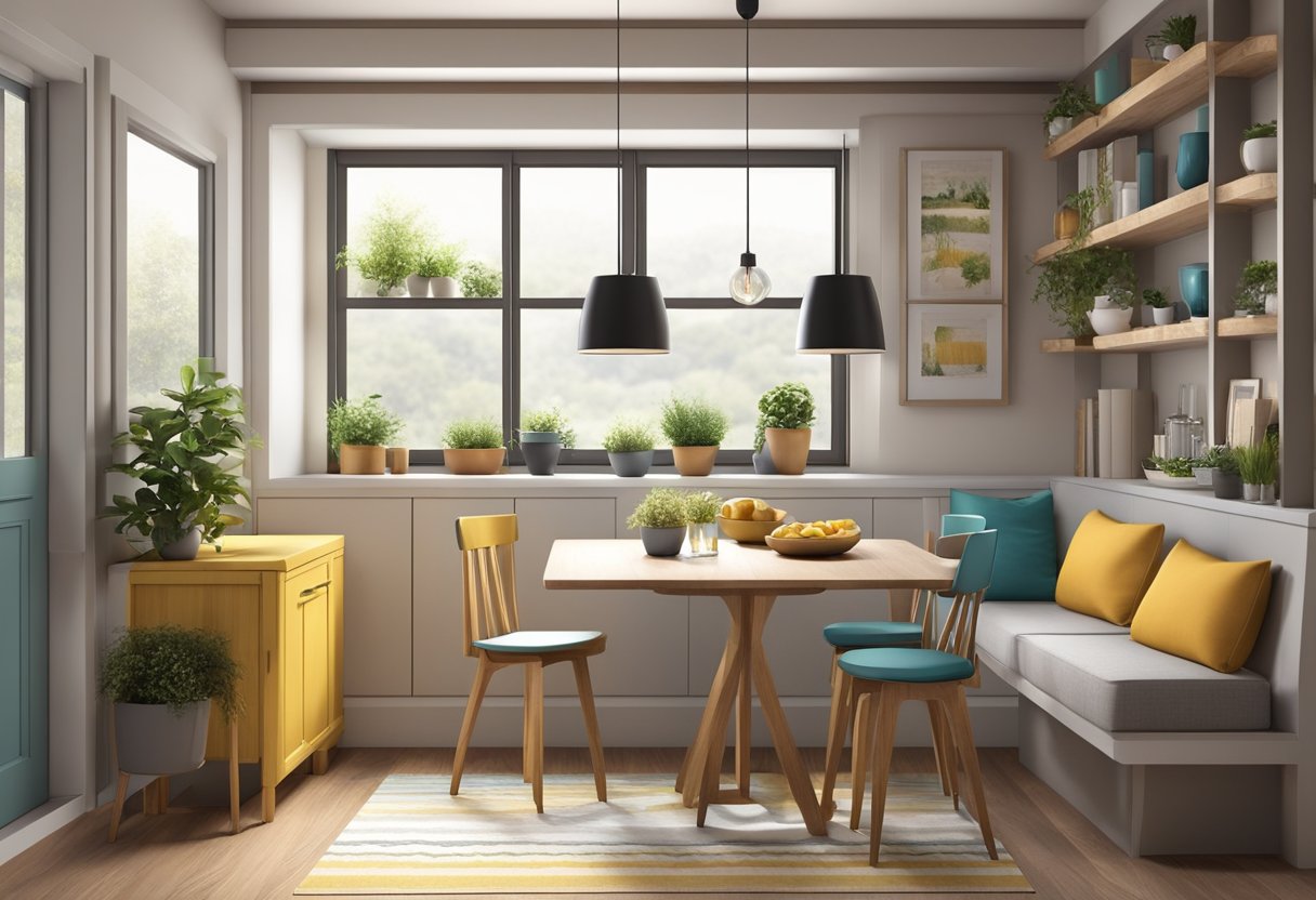 A cozy dining nook with a small table and chairs, cleverly arranged to maximize space. Shelves or storage units are integrated into the design