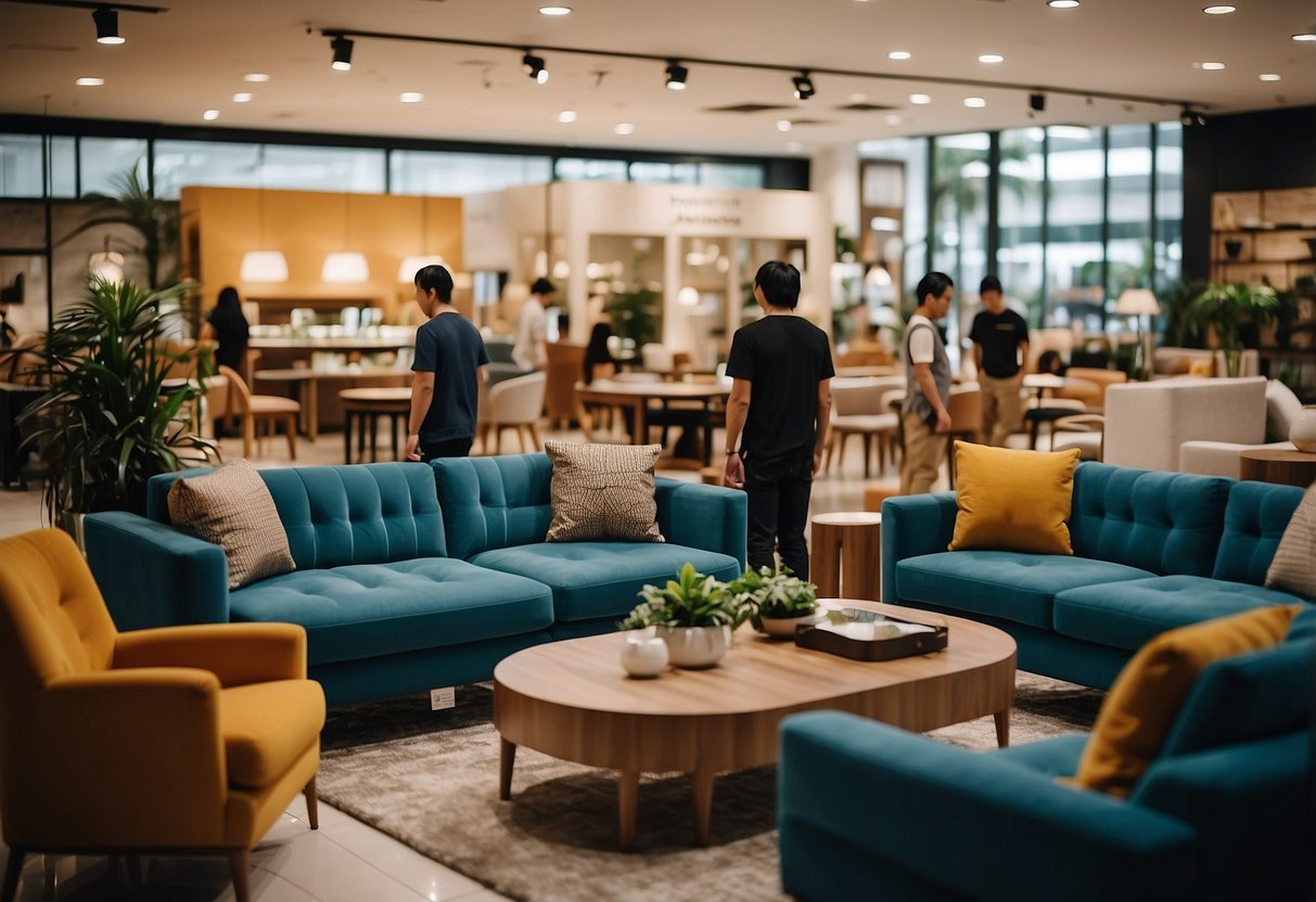 A bustling furniture shop in Jurong West, with customers browsing and staff assisting. Displays of sofas, tables, and decor items fill the space
