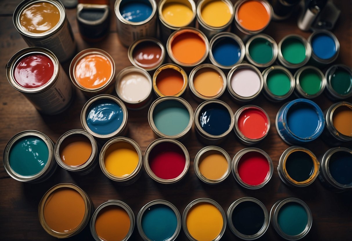 A table with paint cans, brushes, and a price list for Nippon furniture paint