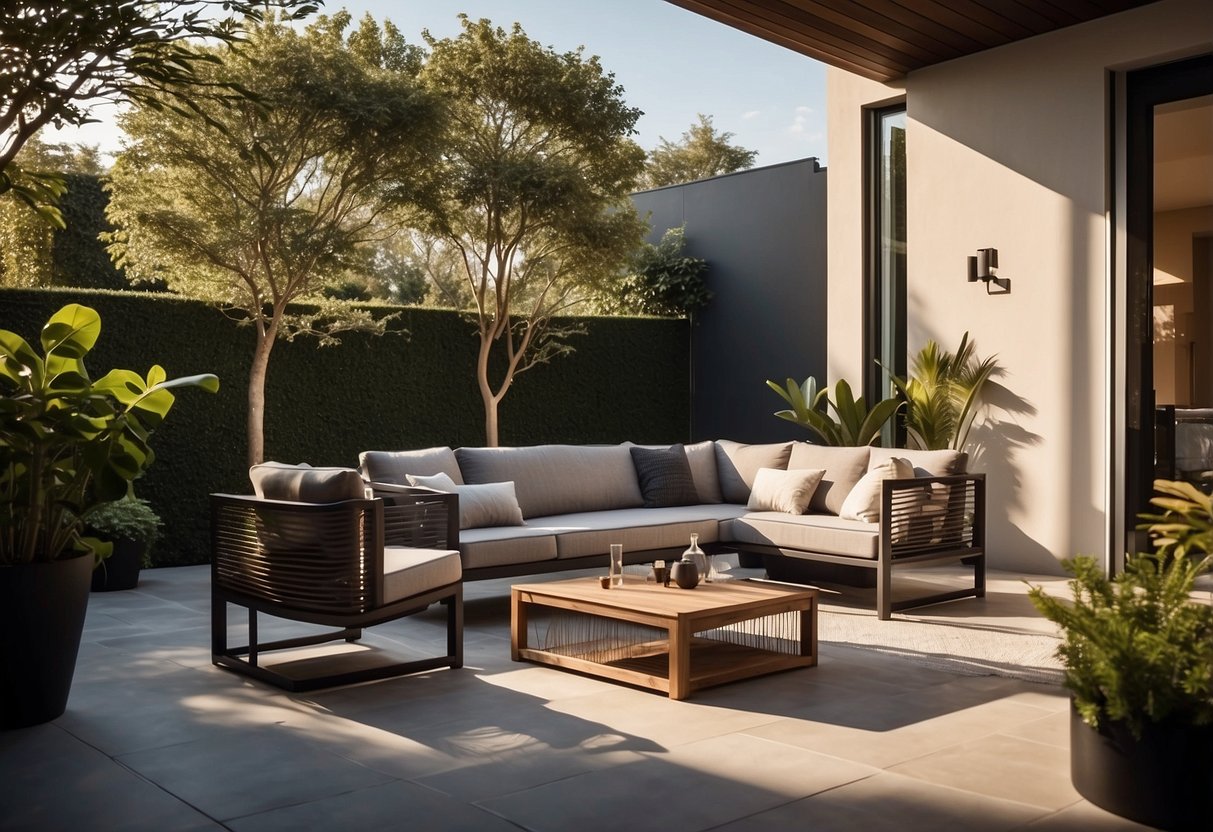 A sleek, minimalist outdoor furniture set sits on a spacious patio, surrounded by lush greenery and bathed in warm sunlight