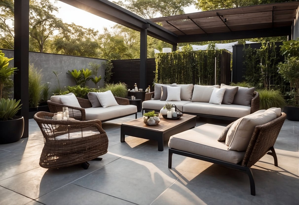 A sleek outdoor lounge set with clean lines and neutral colors sits on a spacious patio, surrounded by lush greenery and accented with modern outdoor decor
