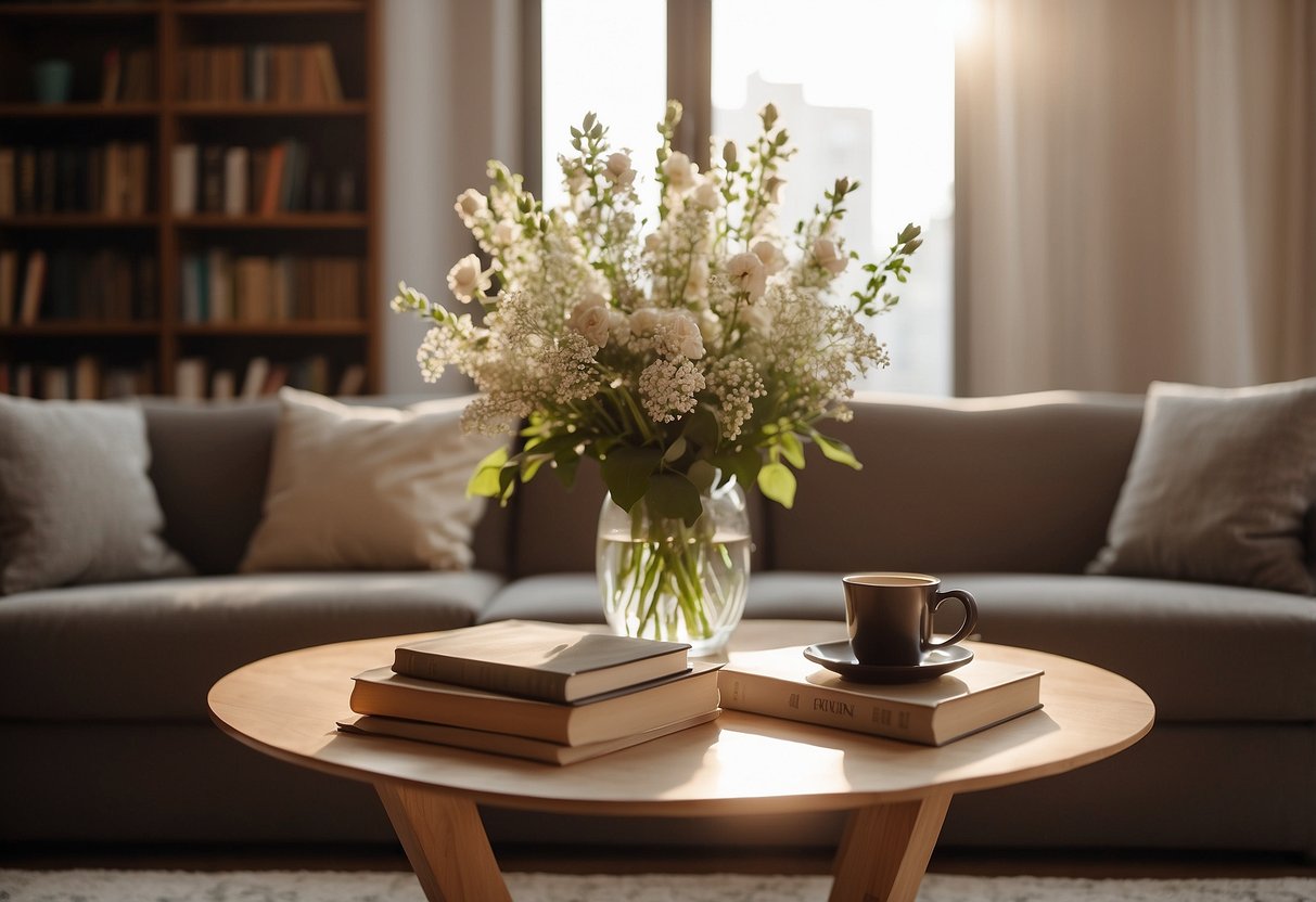 A cozy living room with a plush sofa, warm lighting, and a bookshelf filled with books. A large coffee table sits in the center, adorned with a vase of fresh flowers