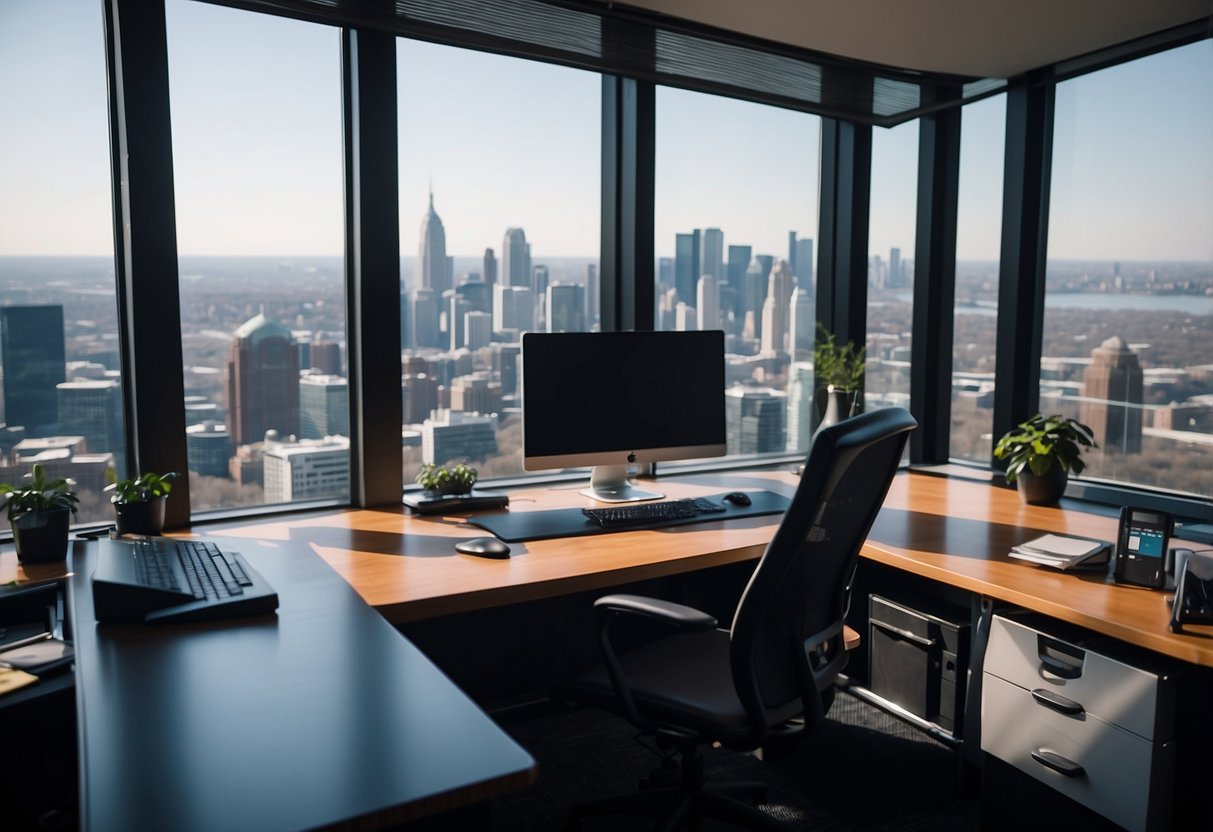 A desk, chair, filing cabinet, and computer are arranged in a spacious office with large windows and a view of the city skyline