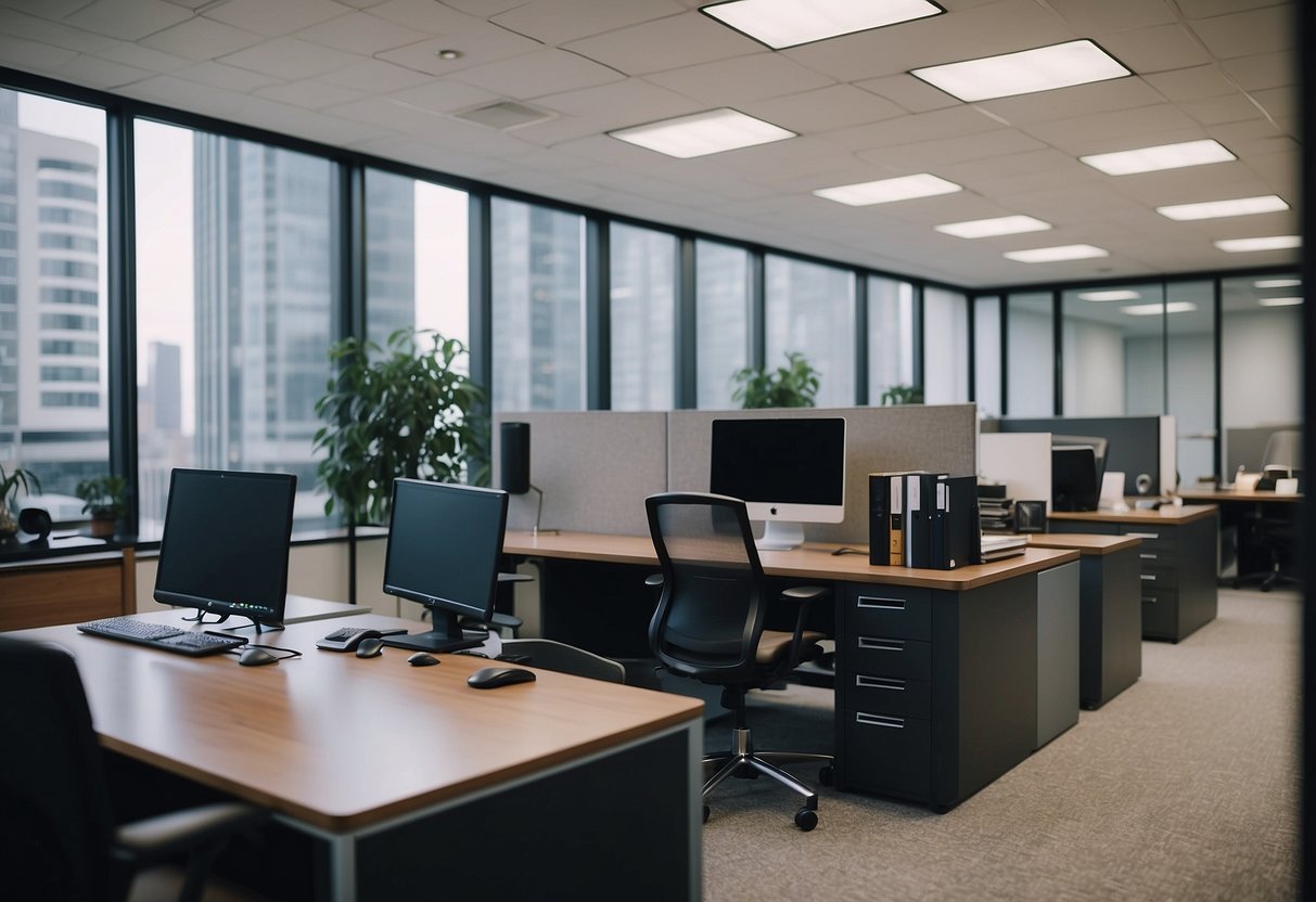 A modern office with a desk, chair, computer, printer, and filing cabinet