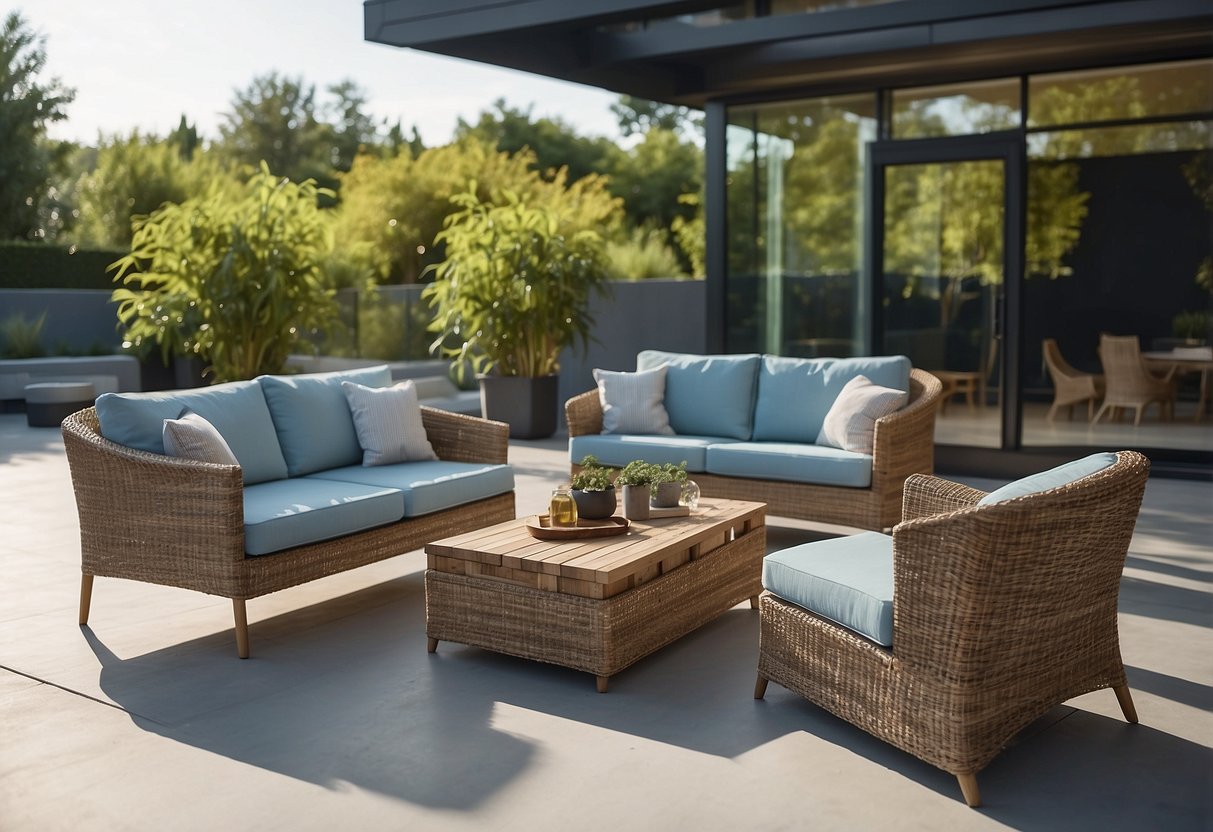A modern outdoor furniture set placed on a spacious patio, surrounded by lush greenery, under a clear blue sky