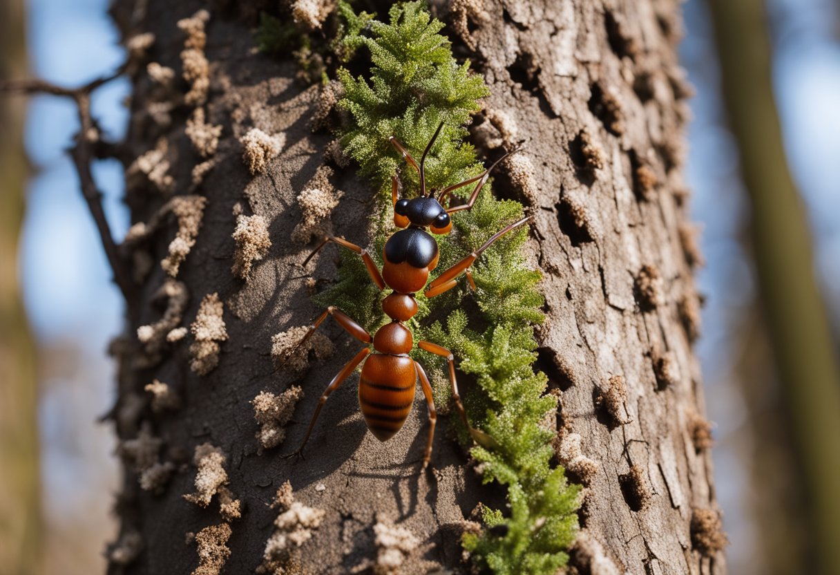 A red wood ant (Formica rufa) climbing a tree trunk in a forest