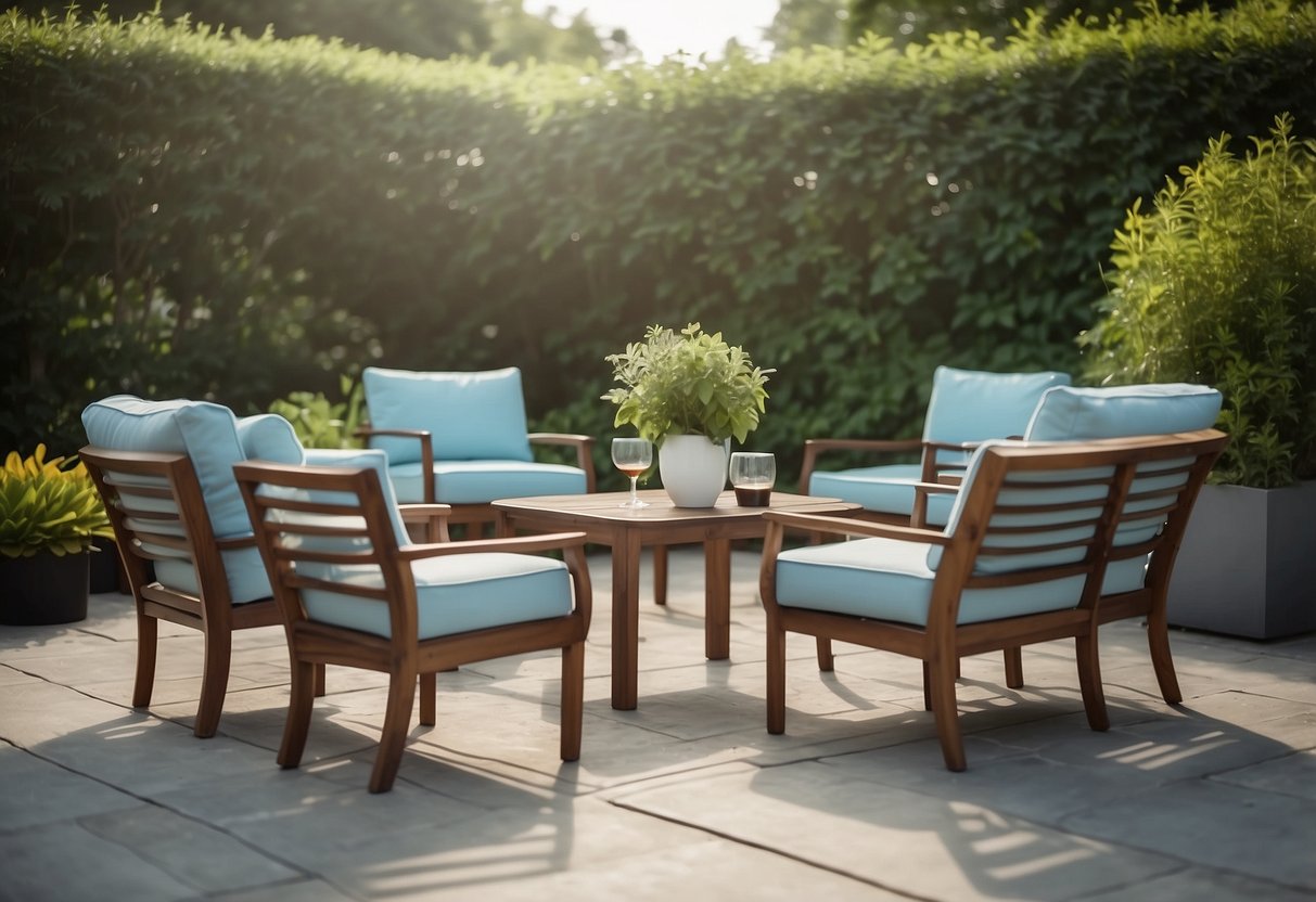 A modern outdoor furniture set arranged on a patio, with a table and chairs, surrounded by greenery and under a clear blue sky