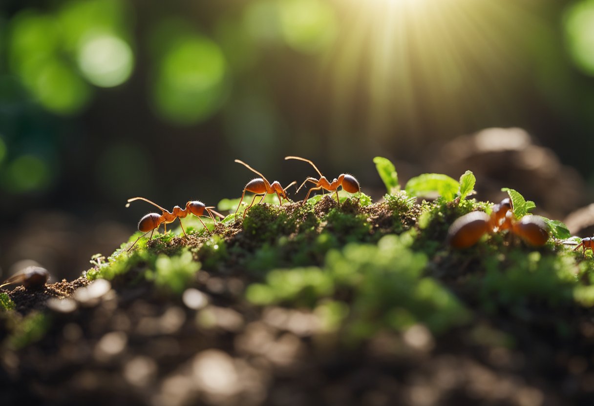 A colony of red wood ants foraging and building nests in a lush forest setting