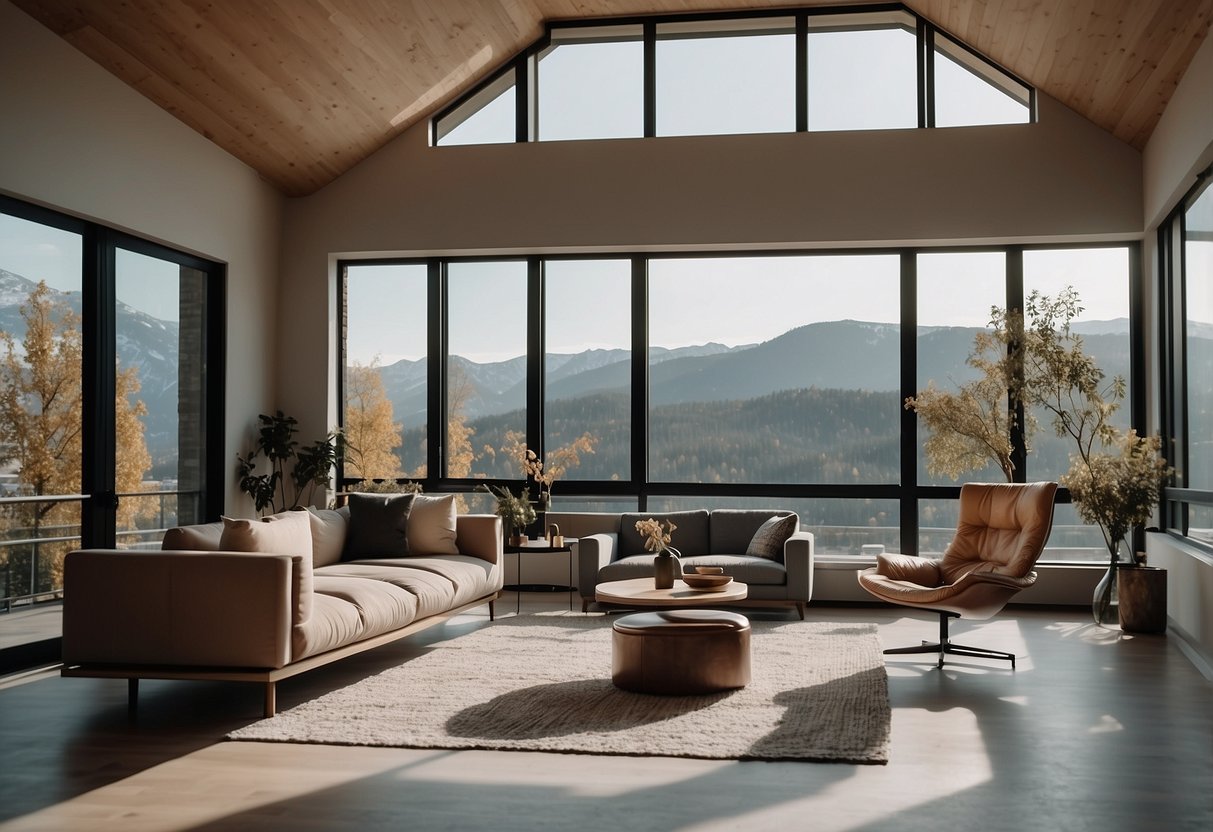 A spacious room with modern furniture, large windows, and a cozy reading nook. A minimalist color scheme with pops of vibrant accents