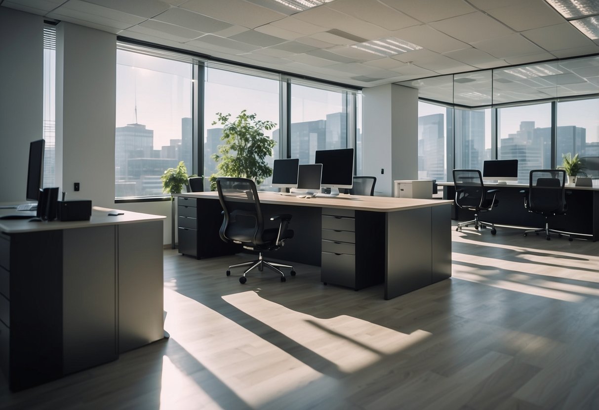 A spacious office with modern furniture: desks, chairs, filing cabinets, and a conference table. The room is well-lit with large windows and has a clean, professional atmosphere