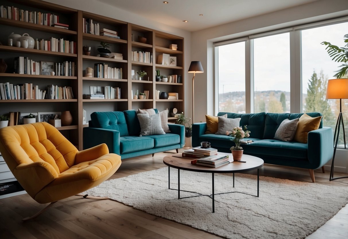 A modern living room with sleek furniture, soft lighting, and vibrant accent colors. A cozy reading nook with a plush armchair and a floor-to-ceiling bookshelf