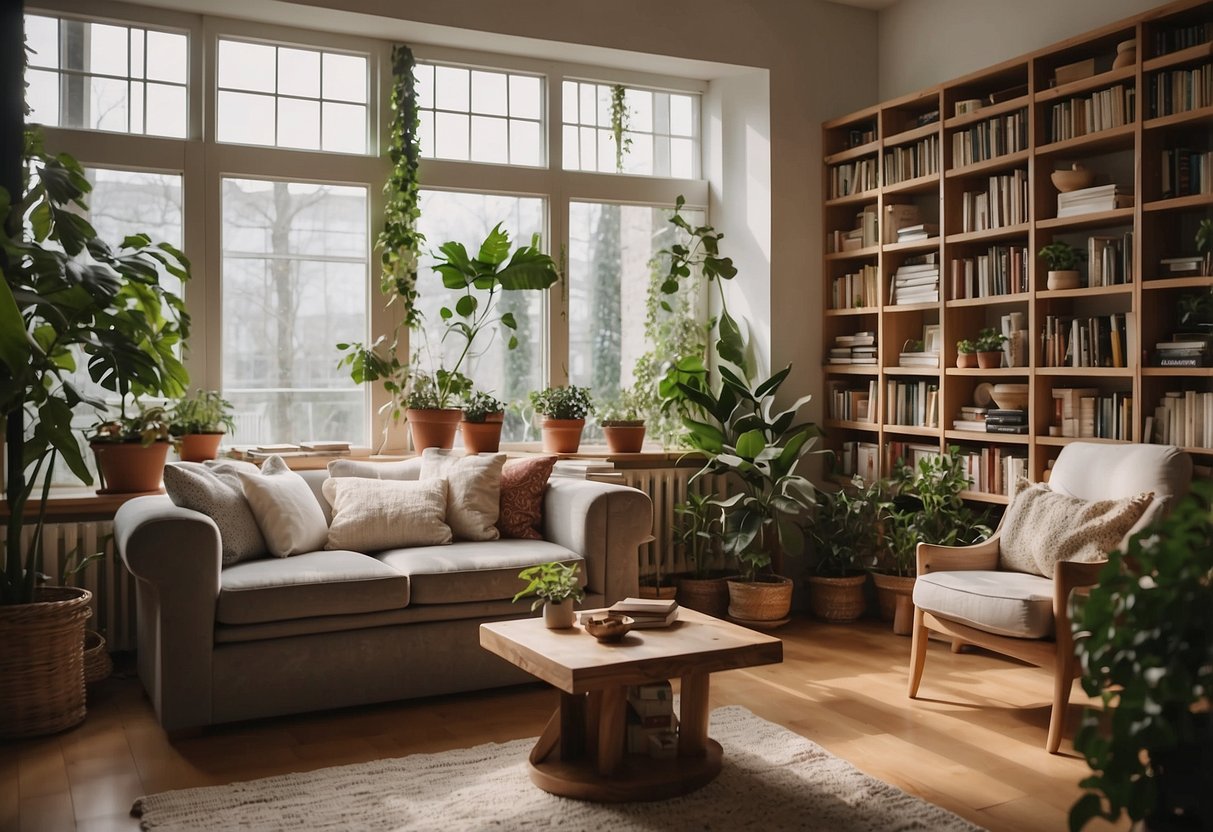 A cozy living room with modern furniture and vibrant decor, surrounded by shelves filled with books and plants. A large window lets in natural light, creating a warm and inviting atmosphere